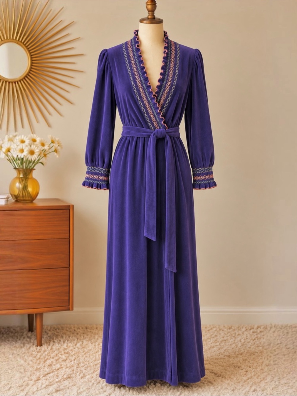 Vintage 60s Evelyn Pearson Purple Velour House Hostess Robe Maxi Dressing Gown M